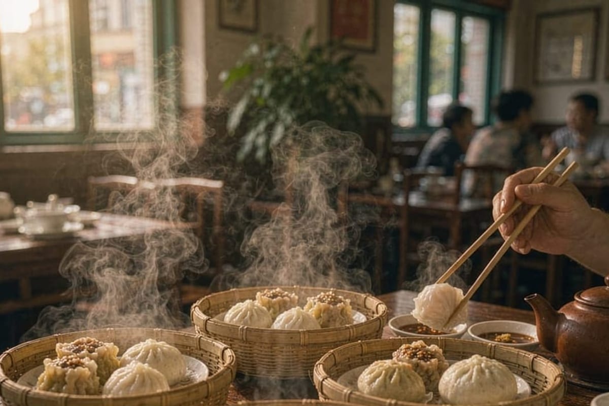 Cestos de dim sum sobre mesa de restaurante cantonês
