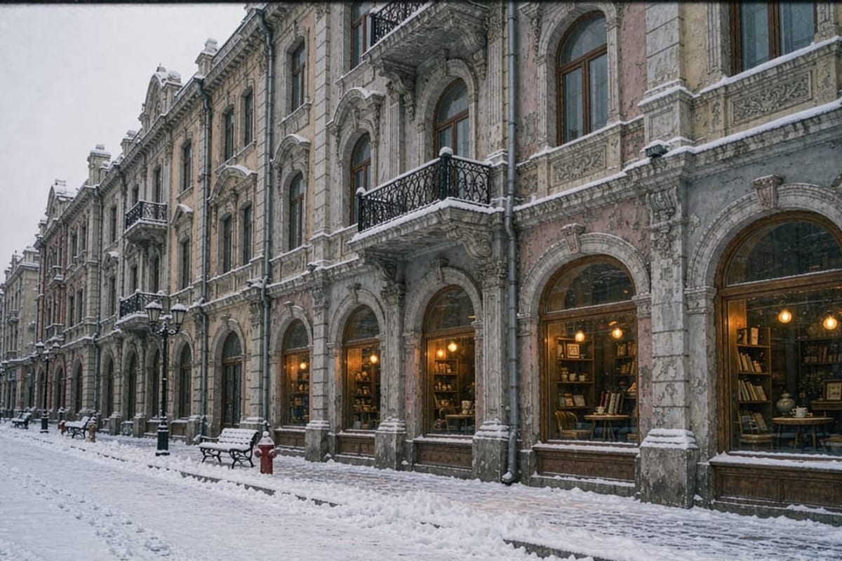 Rua coberta de neve em Harbin, com luzes de inverno
