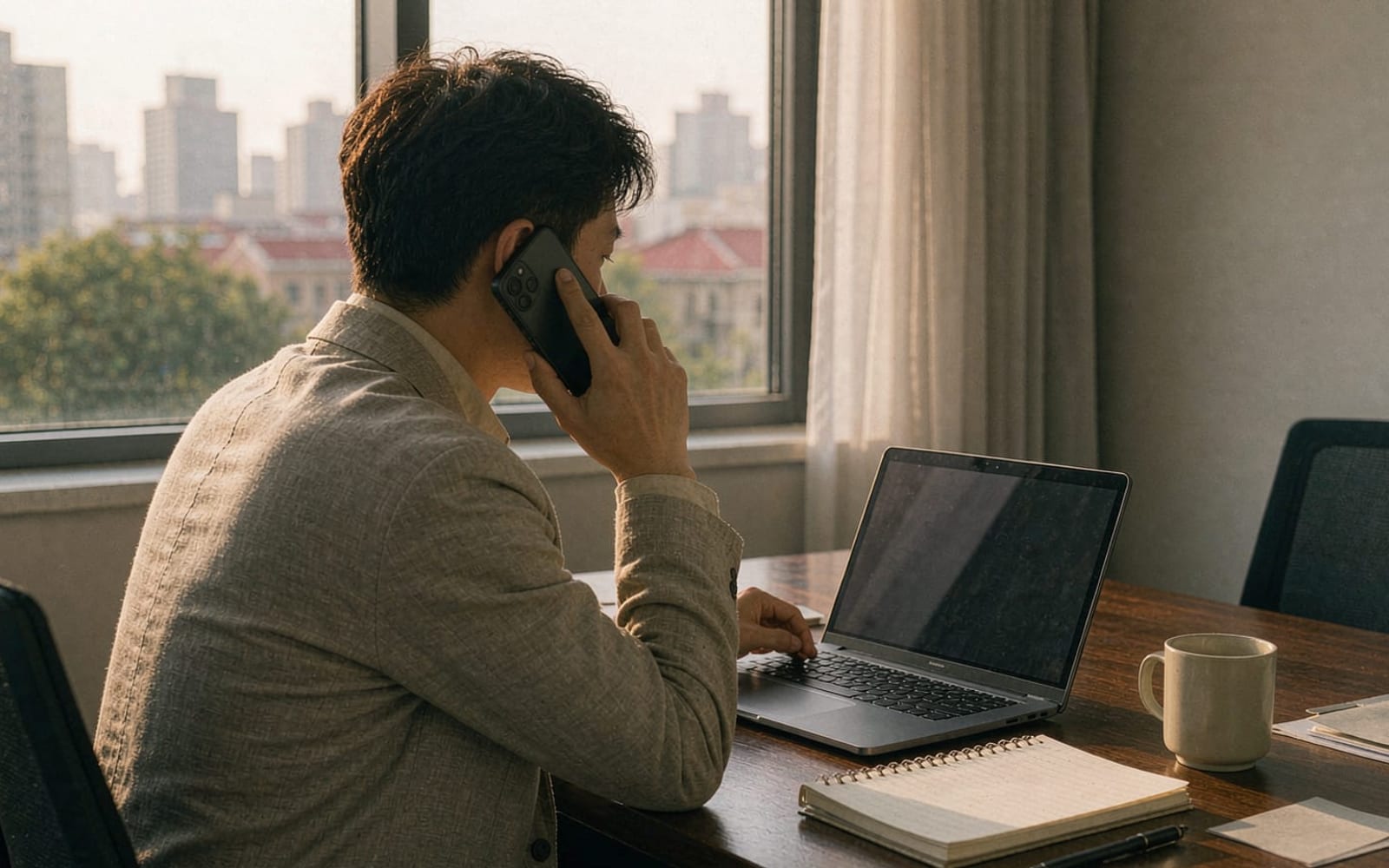 Pessoa ao telefone em escritório em Pequim