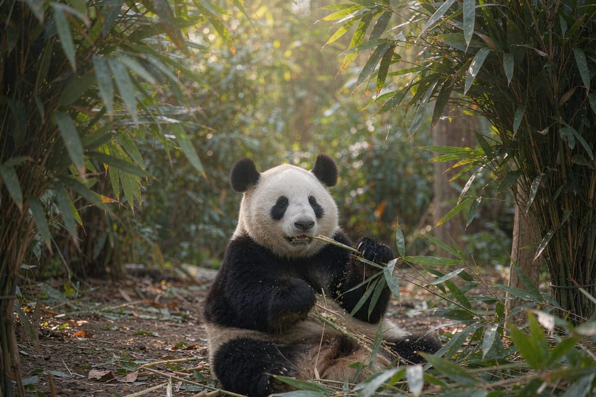 Panda-gigante sentado a comer bambu entre ramos verdes