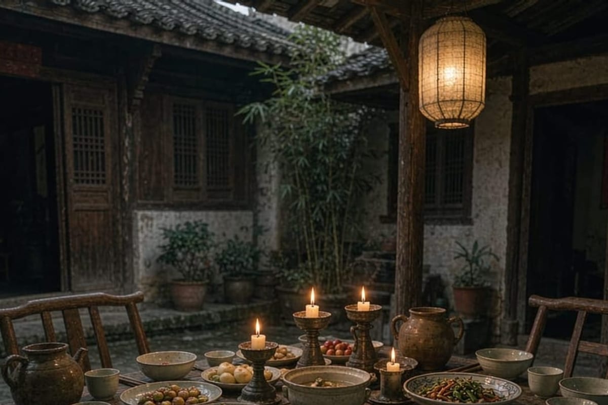 Mesa de jantar privativa à luz de velas em pátio chinês